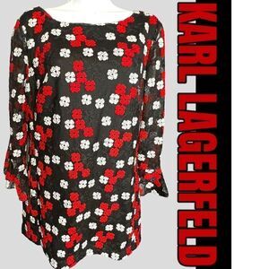 Karl Lagerfeld Women's 12 Black Red White Embroidered Floral Bell Sleeve Blouse